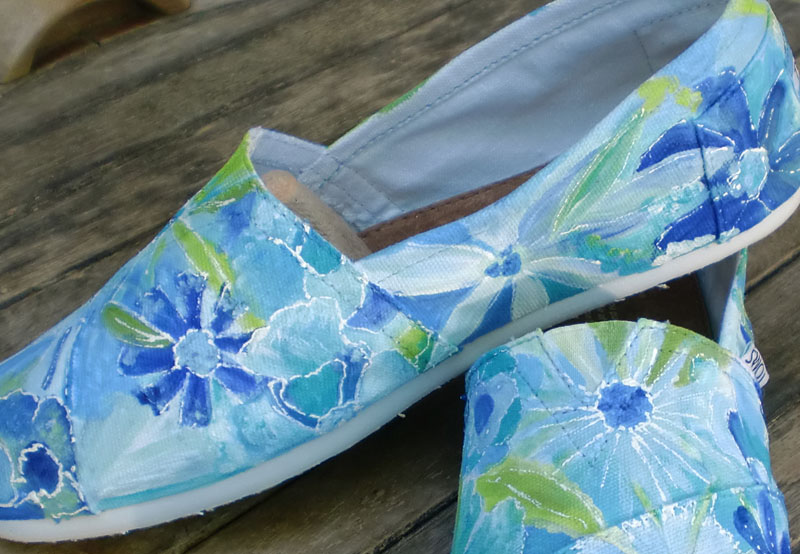 full coverage painted toms design in blues and greens fields of blue flowers painted on TOMS