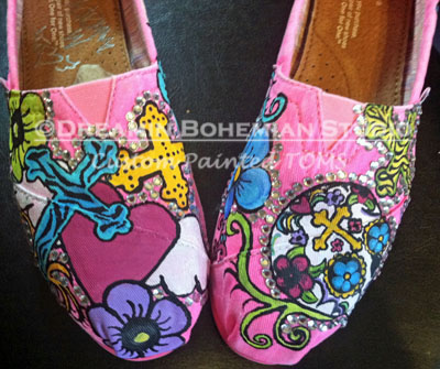 Sugar Skulls and Crosses Hot Pink Toms hot pink toms with bright colored skulls crosses and flowers