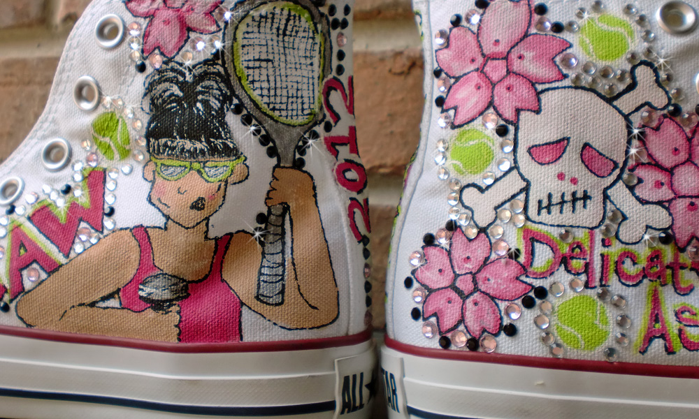 Skulls and tennis theme painted on white chuck taylors painted custom chuck taylor hi tops pink green tennis skull