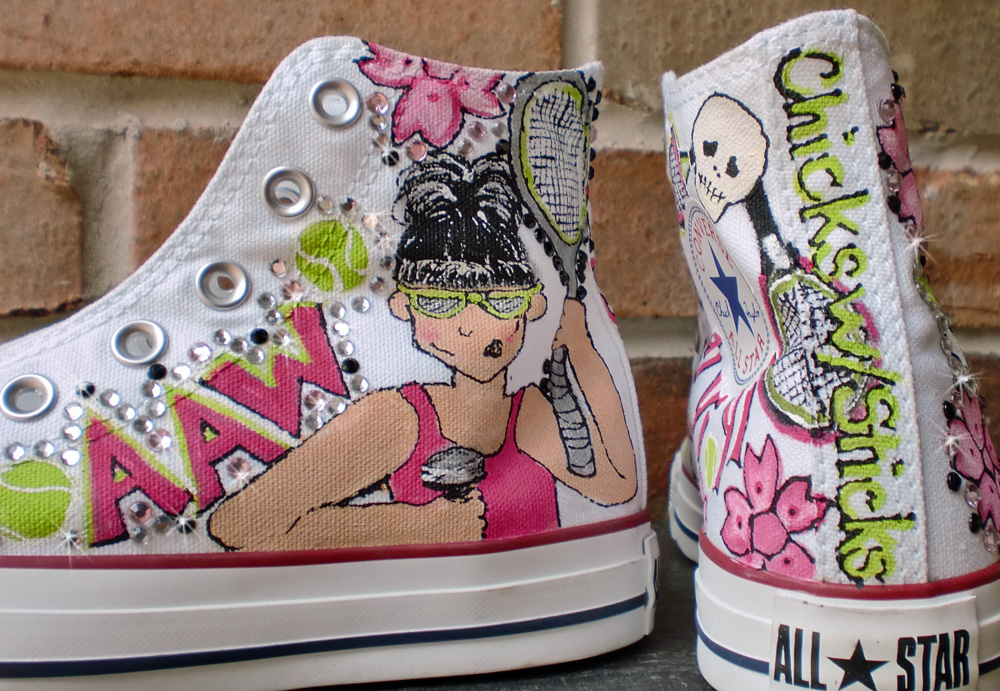 custom painted chucks in a tennis and skullie theme painted custom chuck taylor hi tops pink green tennis skull