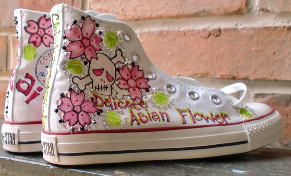 Delicate as an Asian flower Asian flowers and skulls painted on custom hi tops