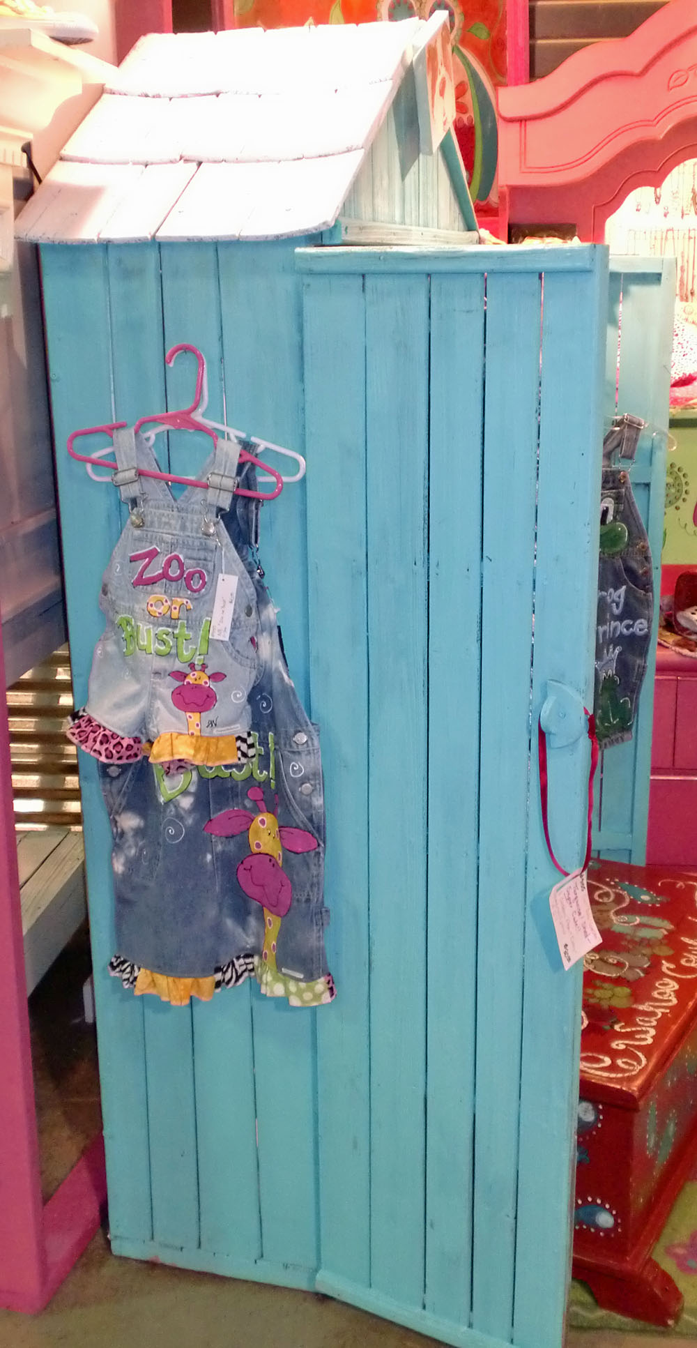 side view of painted aqua shed for display or armoire side view of painted aqua shed