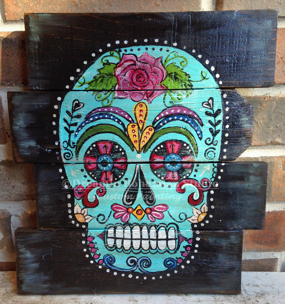 Hand painted aqua sugar skull painted on black stained recycled wooden sign Aqua teal sugar skull painted on reclaimed wood sign