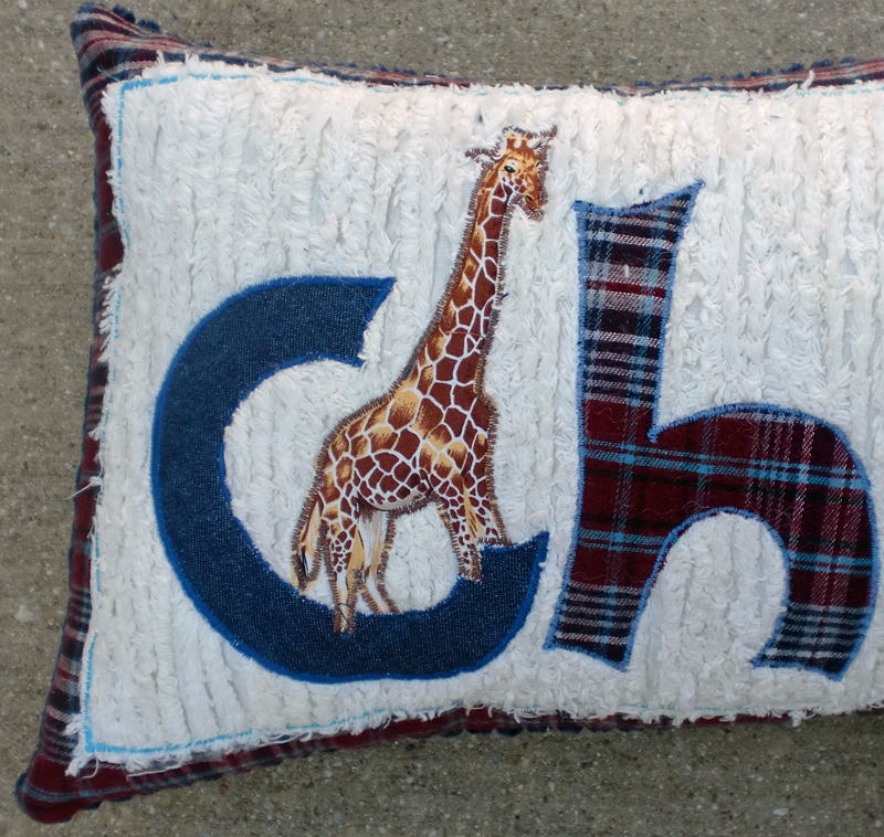 Appliqued Custom Charlie Pillow Detail of giraffe on pillow