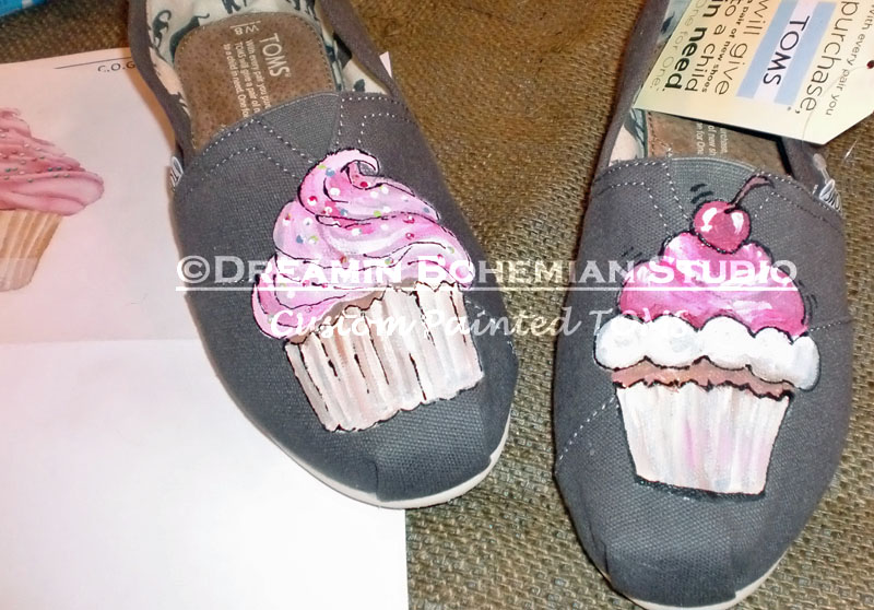 Yummy Cupcakes Painted on Sweet Treat TOMS Gray Toms with Pink cupcakes painted on them