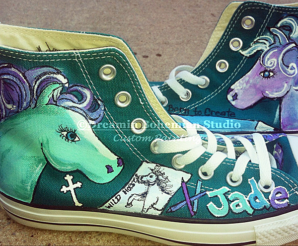 Custom Painted Horses on Chuck Taylor Hi Top tennis shoes Teal and purple horses