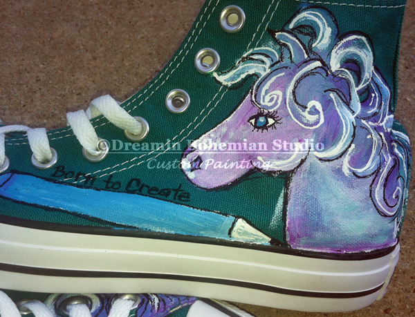 Custom Painted Purple horse on teal chucks Purple Horse on teal chucks