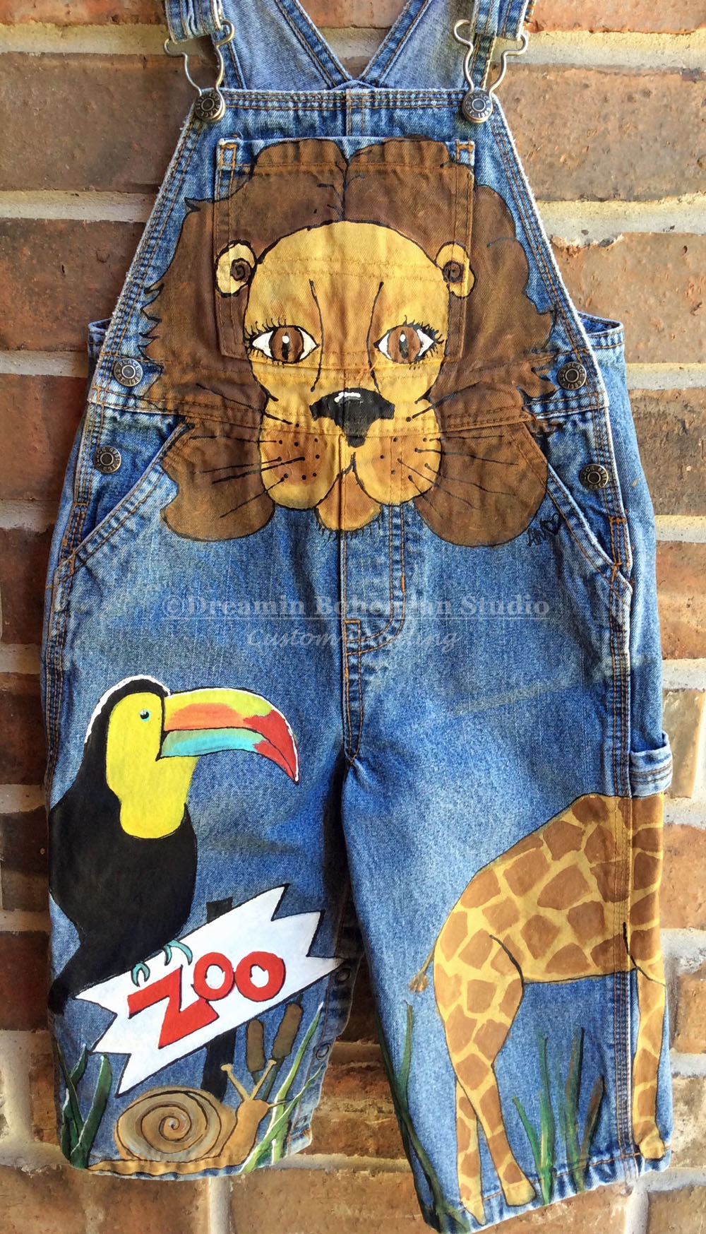 Custom hand painted zoo animals overalls for boys