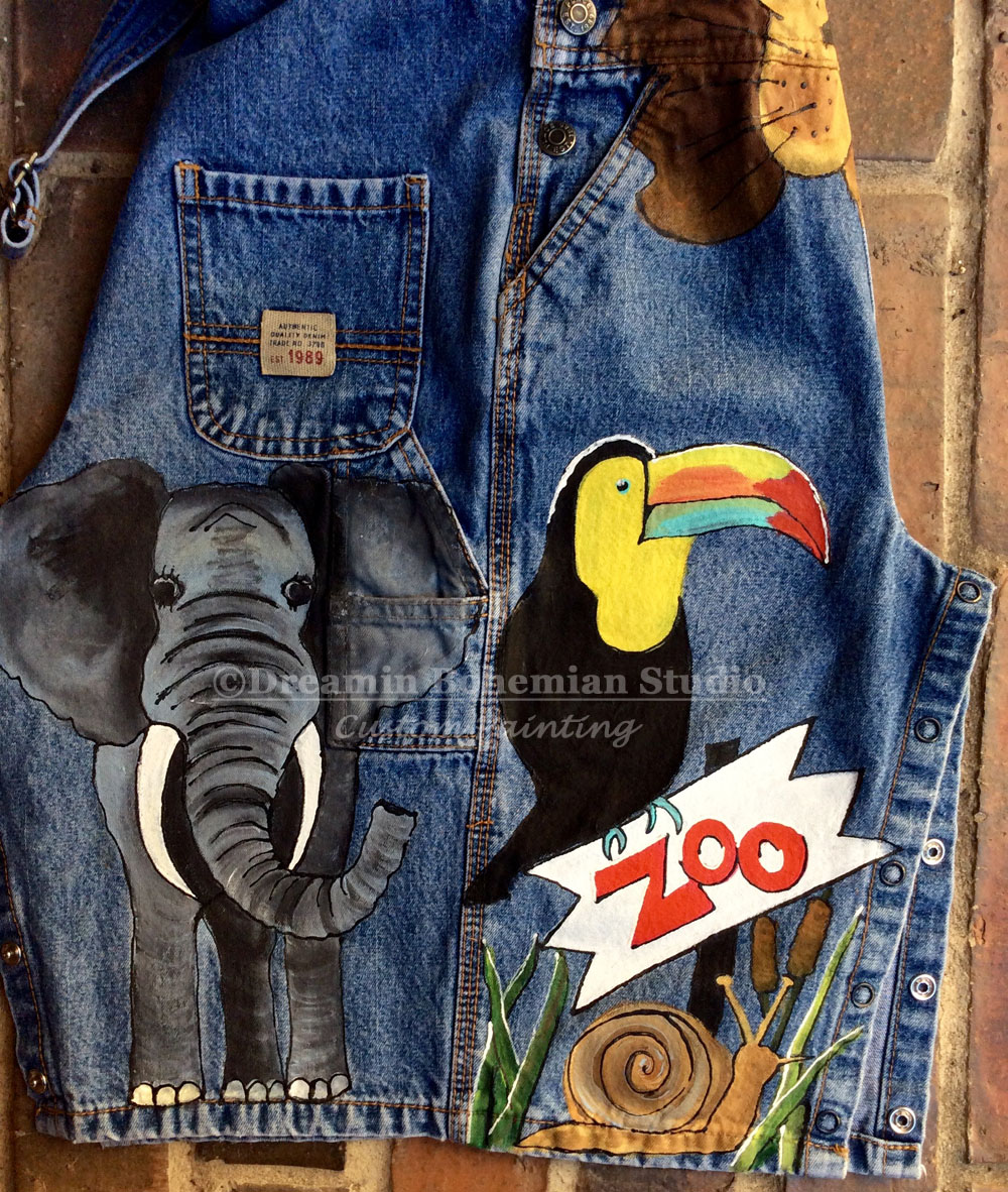 Zoo Time custom painted overalls for toddler boys Custom painted denim with elephant and toucan