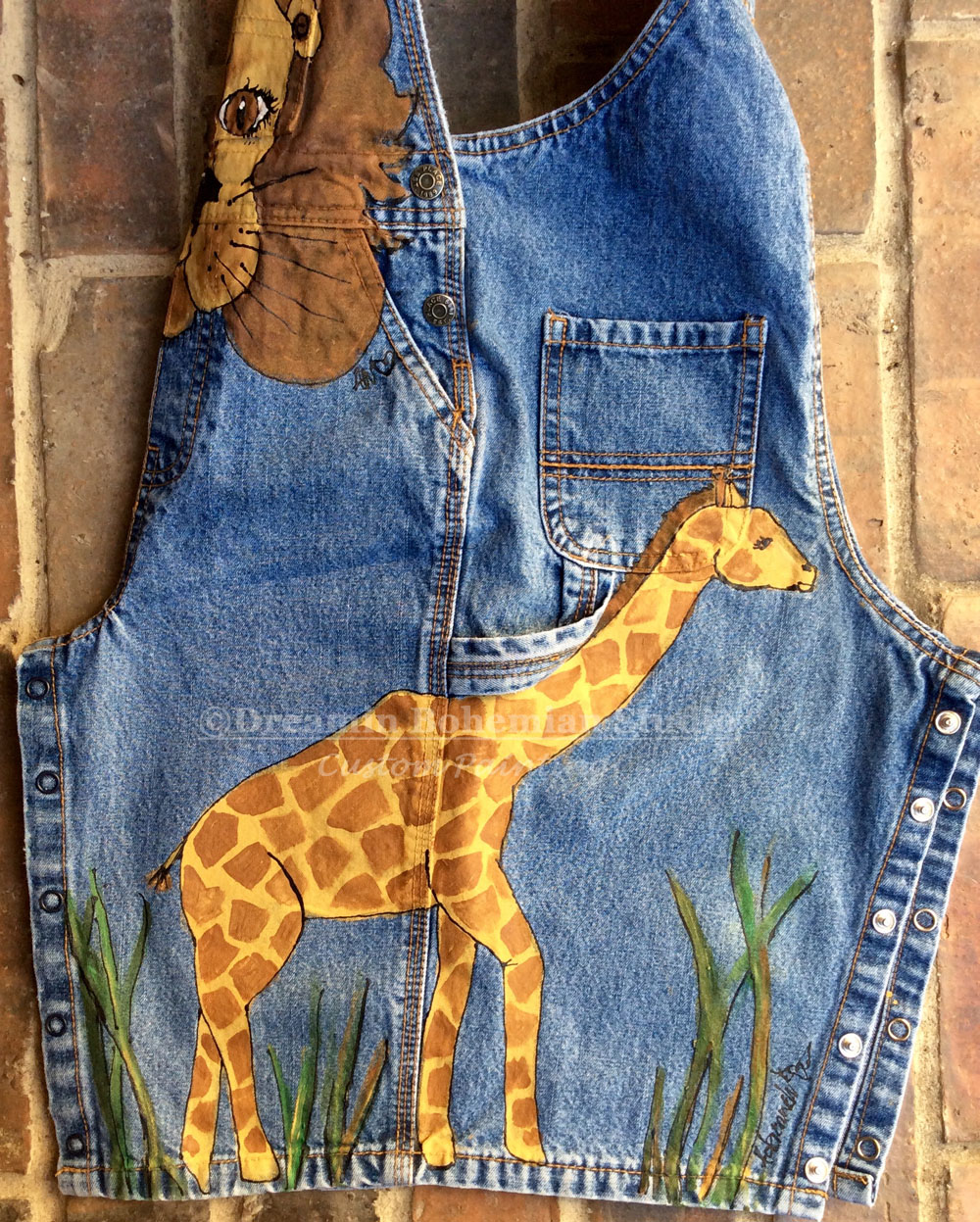 Giraffe painted on overalls for boys Custom Painted denim overalls with a zoo theme for boys