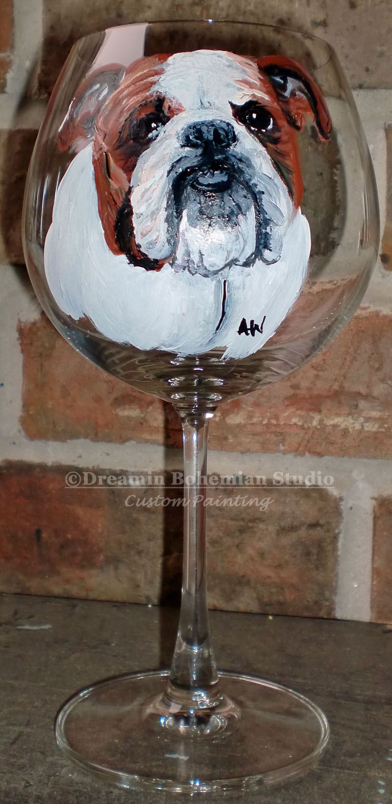 custom Painted Bulldog pet Portrait Wine Glass Custom Painted English Bulldog red wine glass