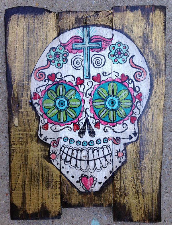 recyled wood sugar skull Hand painted sugar skull with gold background on wooden sign