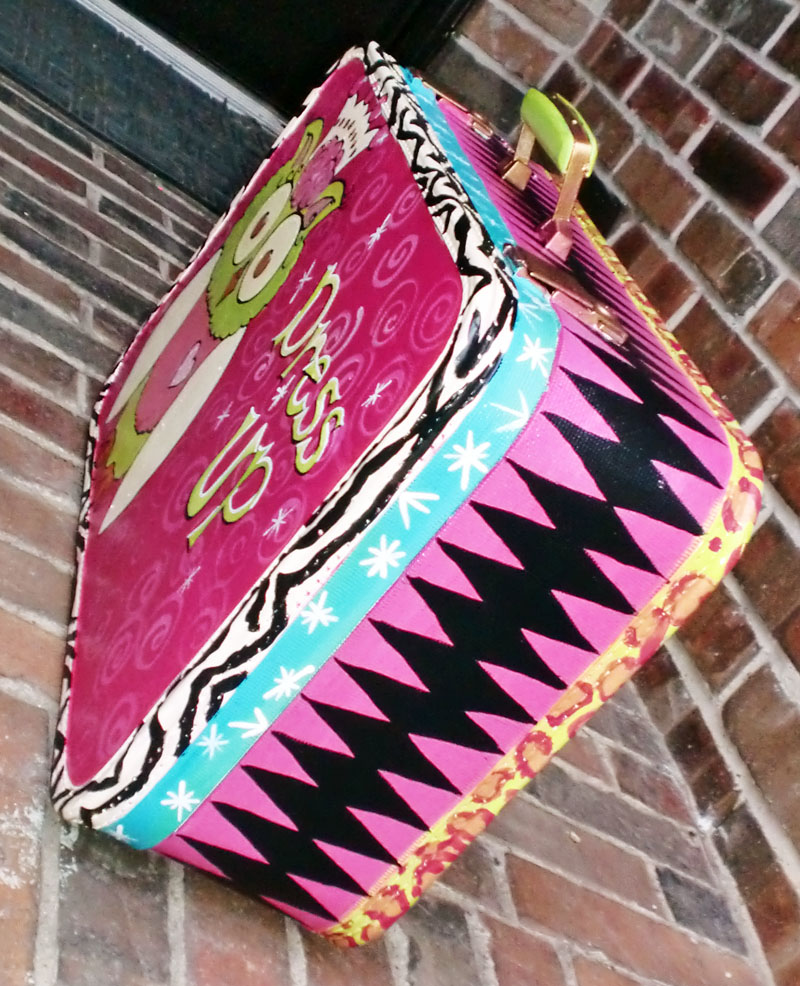 Side view of princess owl dress up suitcase side view of hand painted owl dress up case
