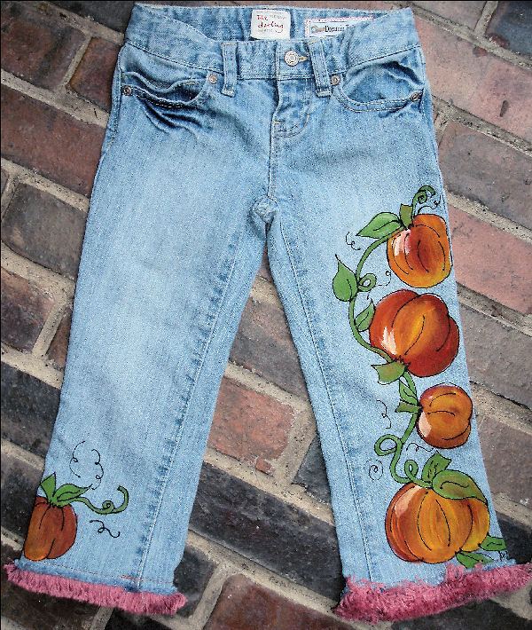 Painted orange pumpkin jeans for fall mfor little girls