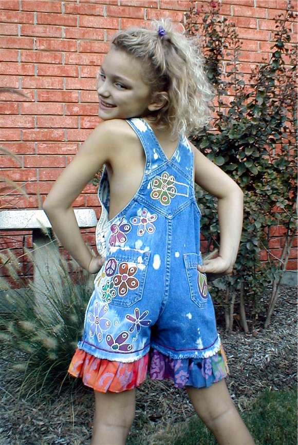 Back of hand painted peace and daisies overalls