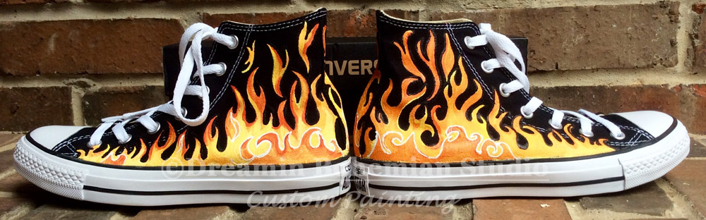 Custom Painted Chuck Taylors with orange, red and yellow flames. Hand painted flames on chuck taylors
