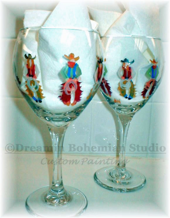 16oz balloon red wine glasses with cowboyrs and cowgirls hand painted cowboys on wine glasses