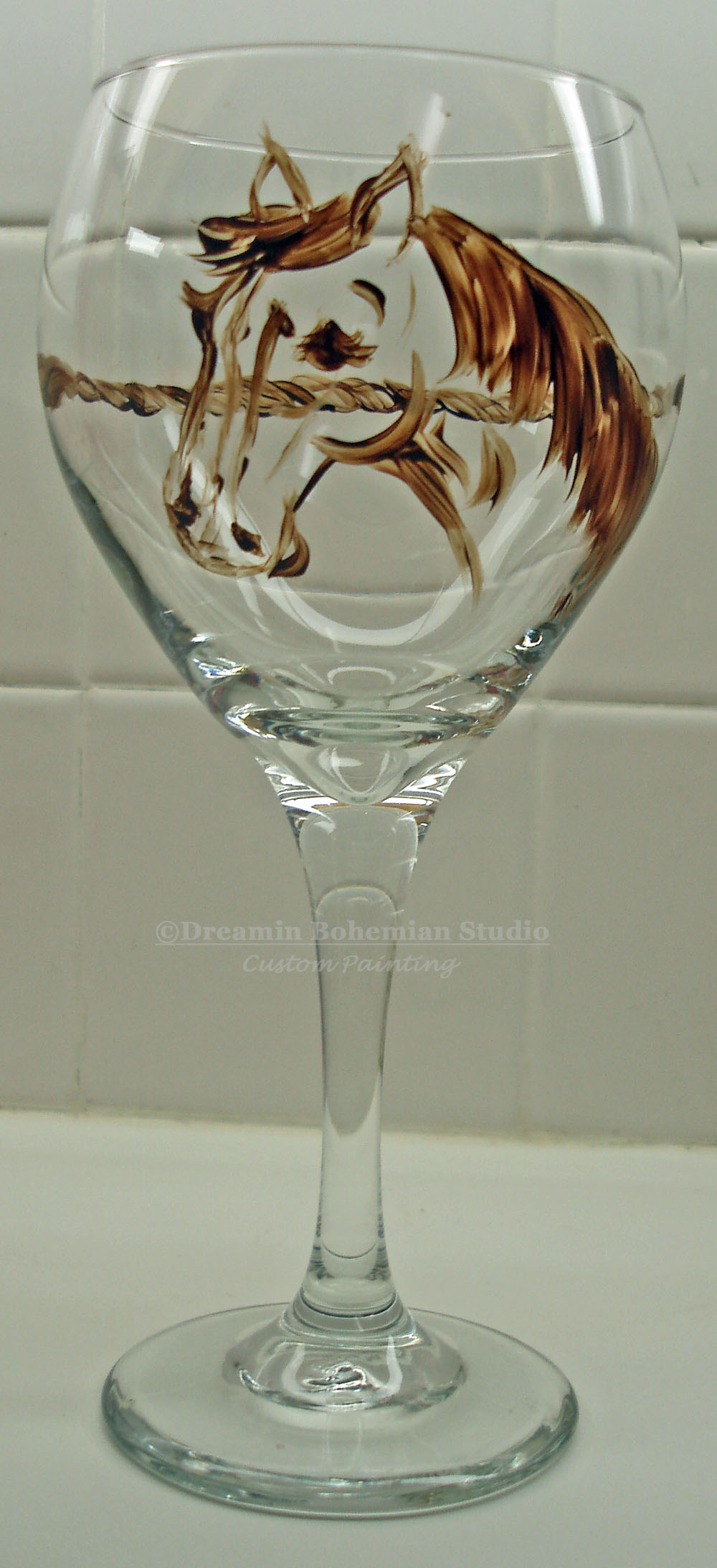 Simplare Horse Head and Rope outline painted on balloon wine glass horse head and rope line drawing painted on wine glasses