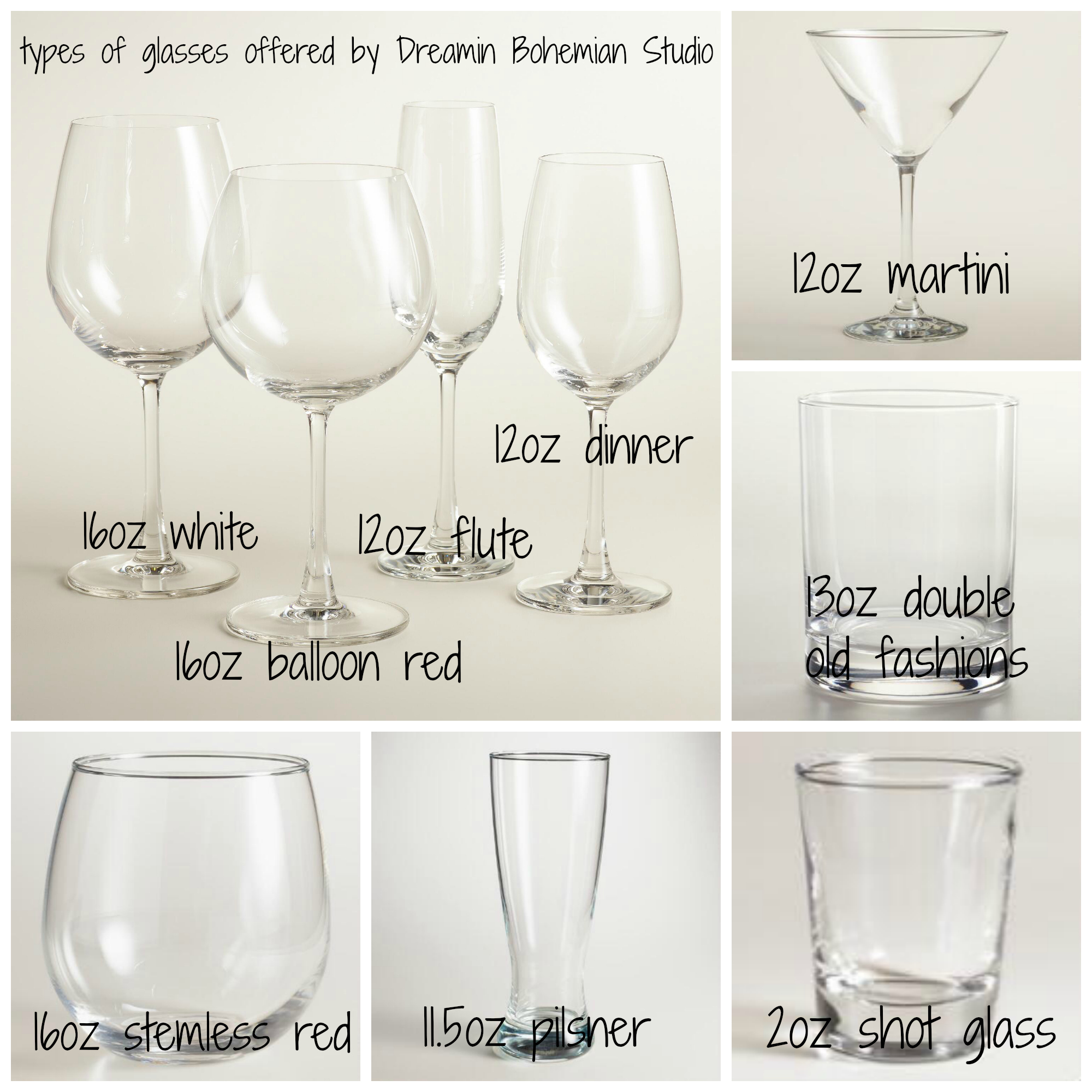 I offer painting on several different styles of glasses lots of different styles of glasses for your western dinner party