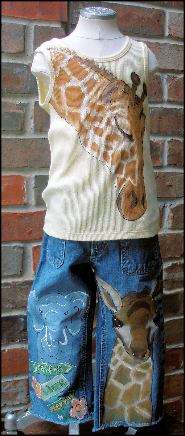 Hand painted momma and baby giraffe childrens outfit