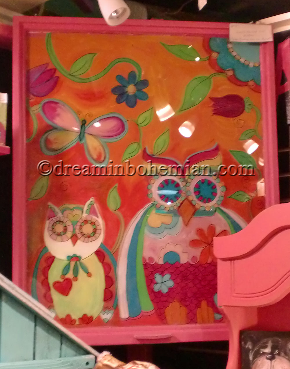 hot pink OOAK Art Owls on a vintage window hot pink OOAK Art Owls on a vintage window