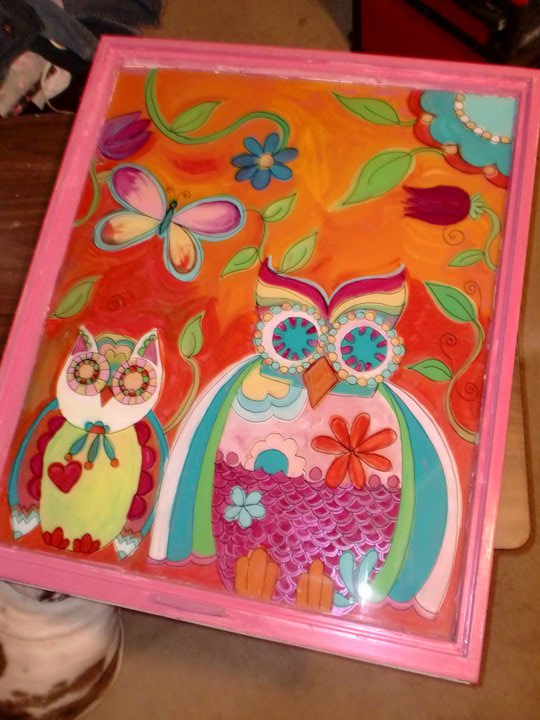 Pink Hand Painted Owls on vintage window Hand Painted Owls on vintage window