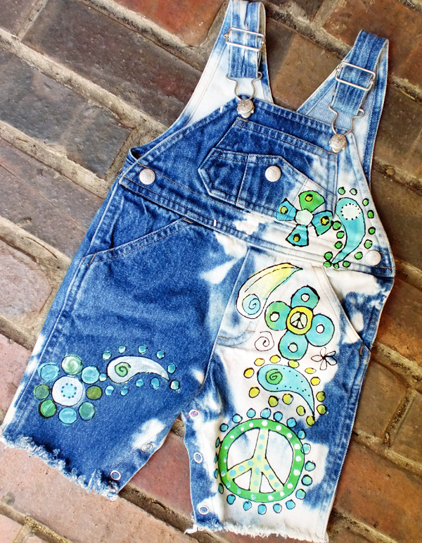 Custom painted funky floral overalls in pink and orange