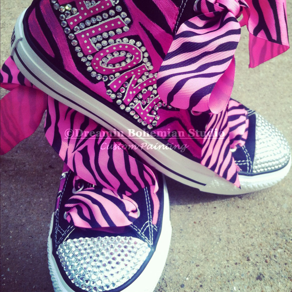 Custom Painted CHUCKS Hot Pink and Black Diva hi Tops