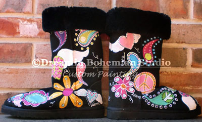 peace love and paisley painted ugg boots in black with colorful design