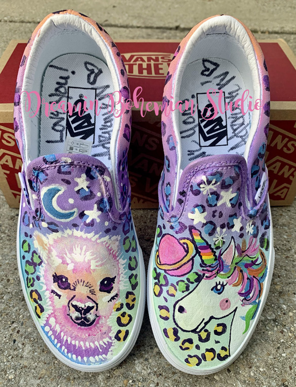 Slip on vans hand painted with a llama and a unicorn