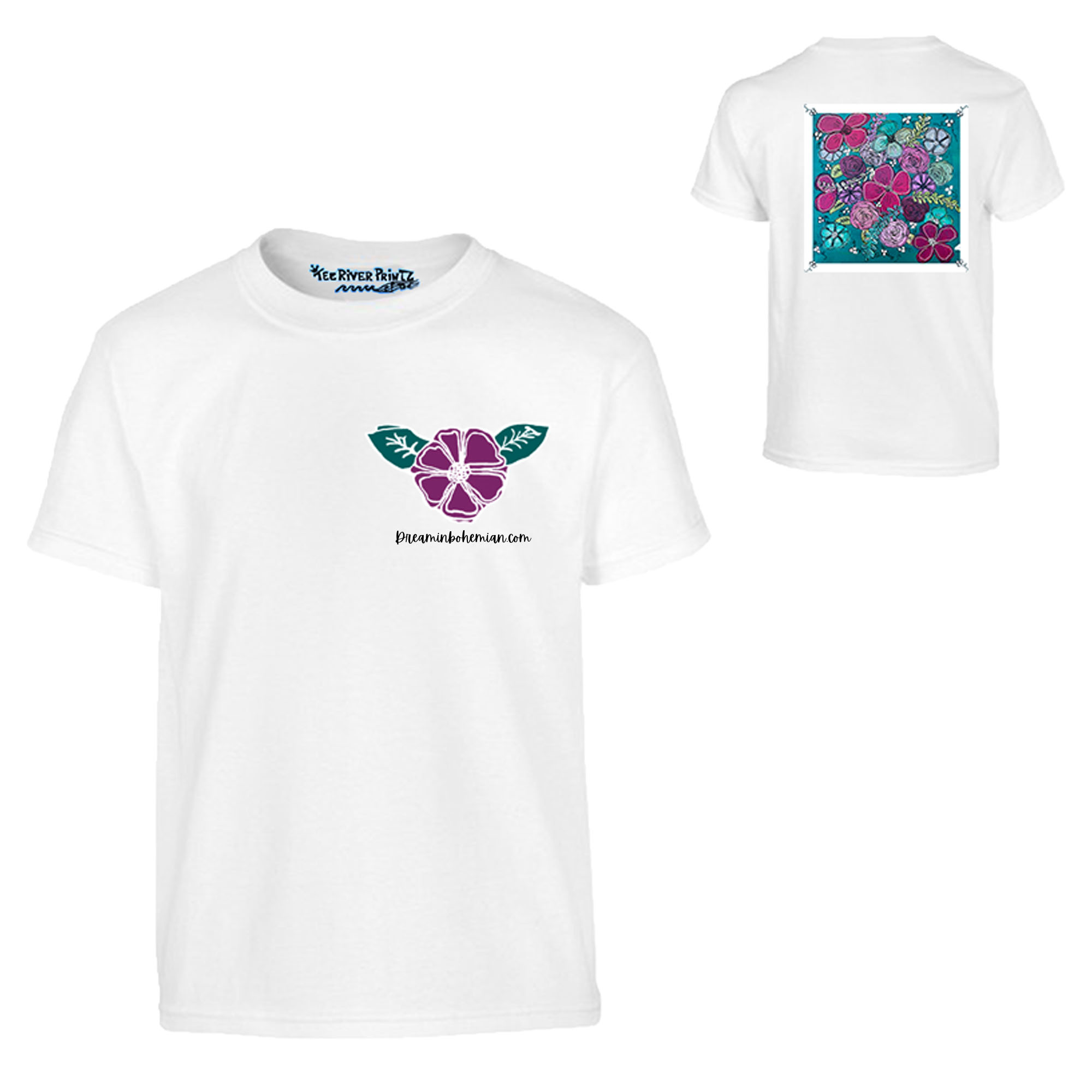 White t shirt with dark teal floral painting printed on it