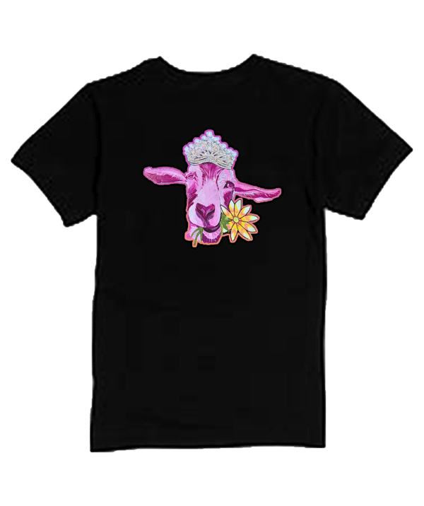 black tee shirt with pink goat princess DTF hea tpressed on it. 