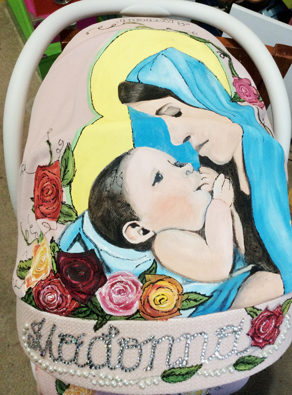 hand painted infant carrier carseat with madonna, jesus and roses