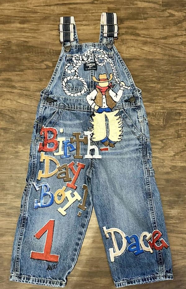 Handpainted birthday cowboy overalls for little boys