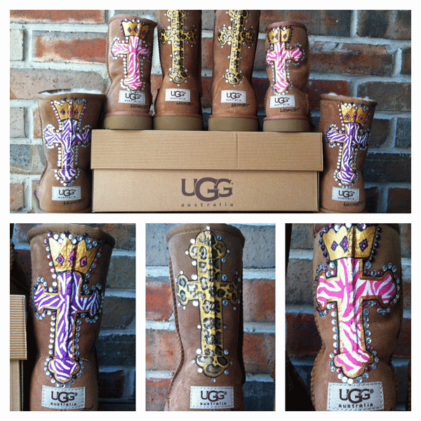 3 styles of UGG boots one with purple zebra crosses, one with pink zebra crosses and one with gold leopard crosses outlined with crystals 
