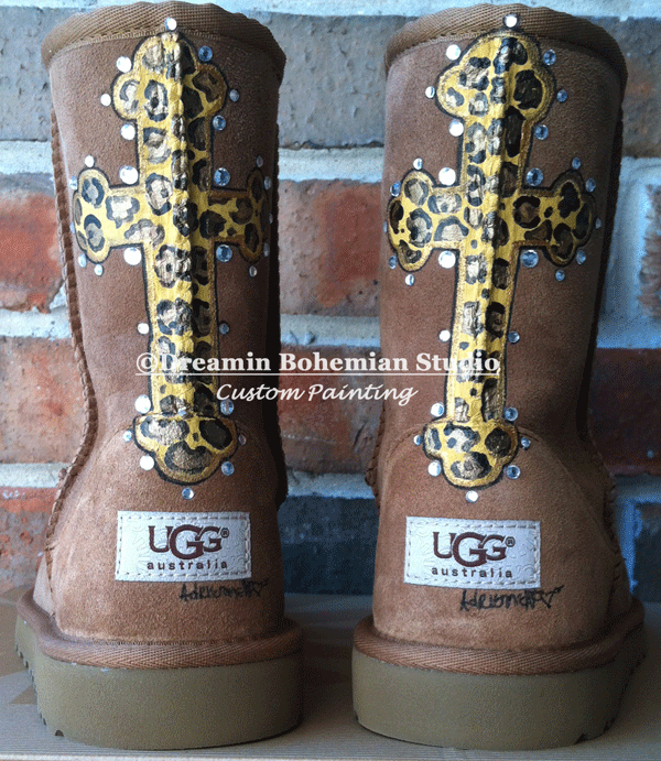 leopard painted cross on ugg boots with crystals