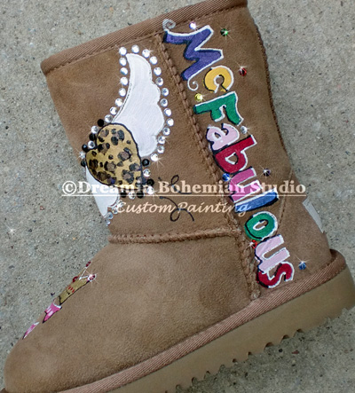 chestnut ugg boots painted with hearts and wings initials, crown and personalization