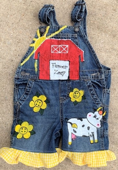hand painted barn yard themed overalls