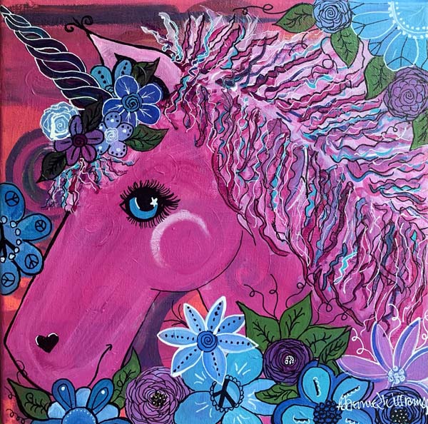 fuchsia unicorn and blue floral acrylic painting