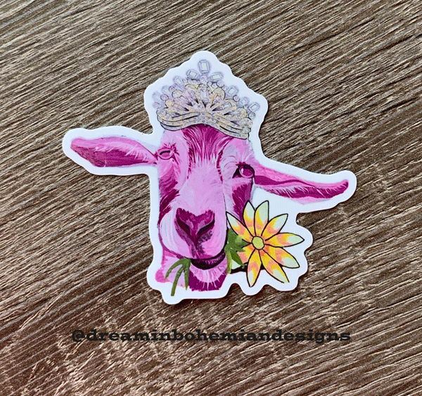 pink goat princess sticker made from original artworkj of Adrienne Williamson