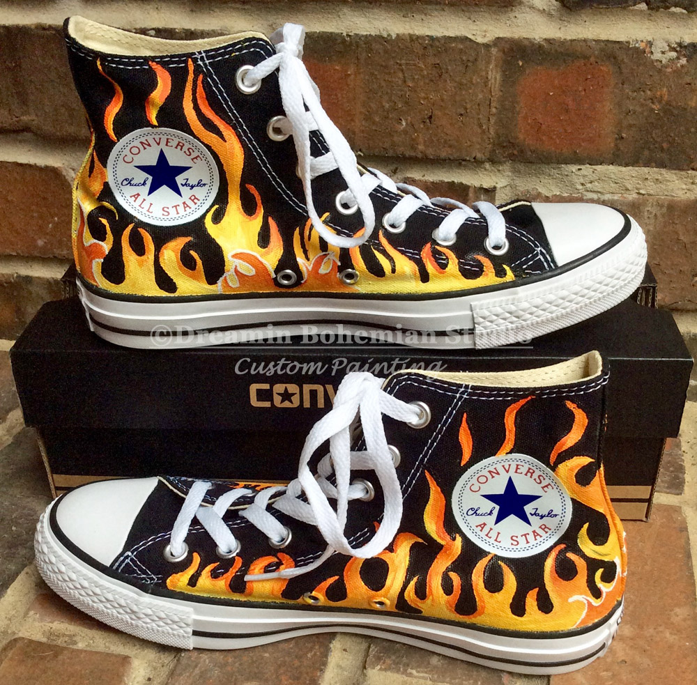 Flaming Awesome Converse Chuck Taylor Hi Tops painted just for you with ...