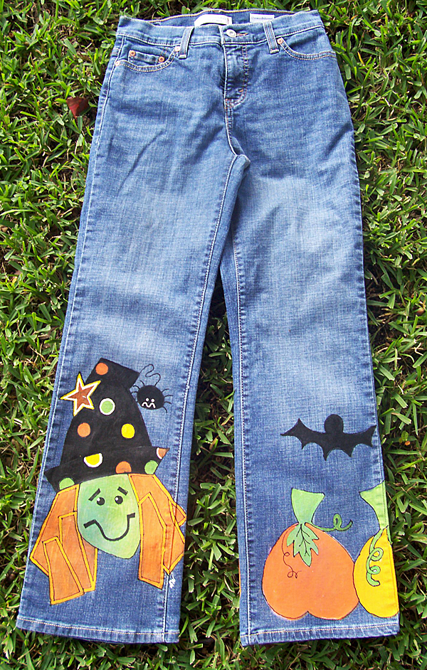 Halloween painted jeans for kids, pumpkins witches