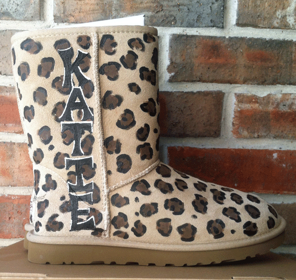 custom painted leopard print all over sand colored ugg boots complete with personalization