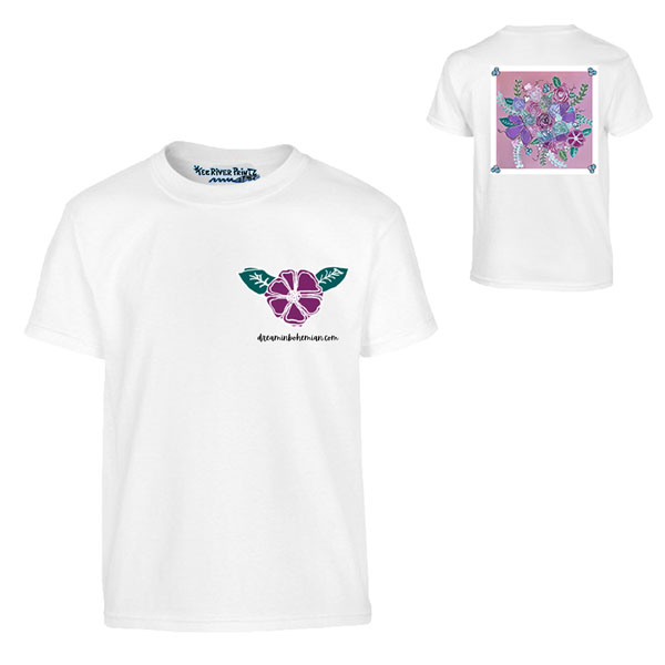 light pink floral image pictured on white tee shirt for sample