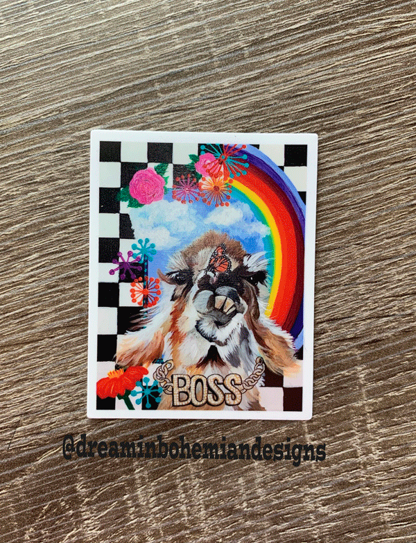 sticker with a llama wearing a boss necklace gold chain, checkerboard, blue sky and flowers
