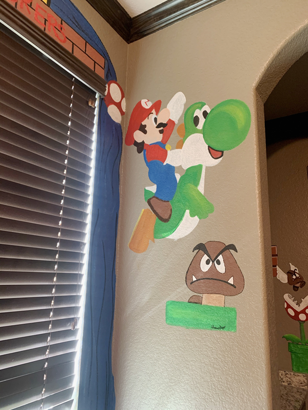 Mural of Mario Brothers in boys bedroom