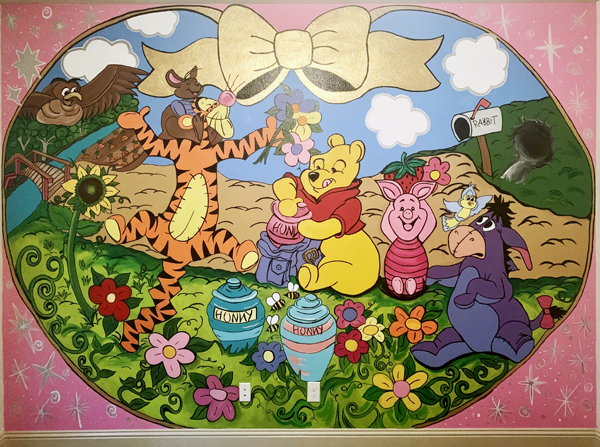 winnie the pooh and friends in a mural for a little girls bedroom