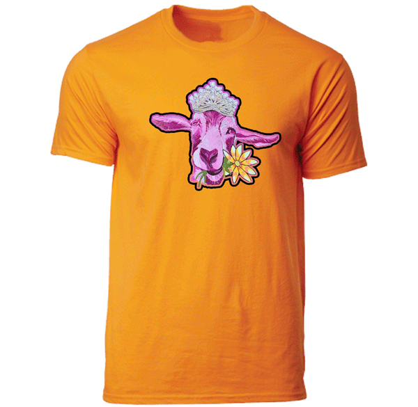 orange t shirt with DTF transfer of pink goat princess