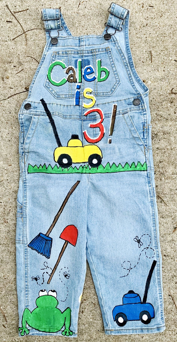 boys overalls with a birthday theme lawn mowers and garden tools