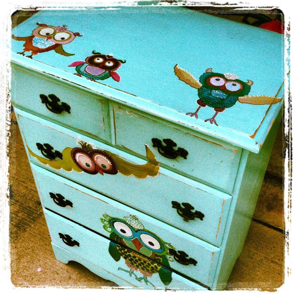Hand painted chest of drawers aqua with purple and pink owls on it